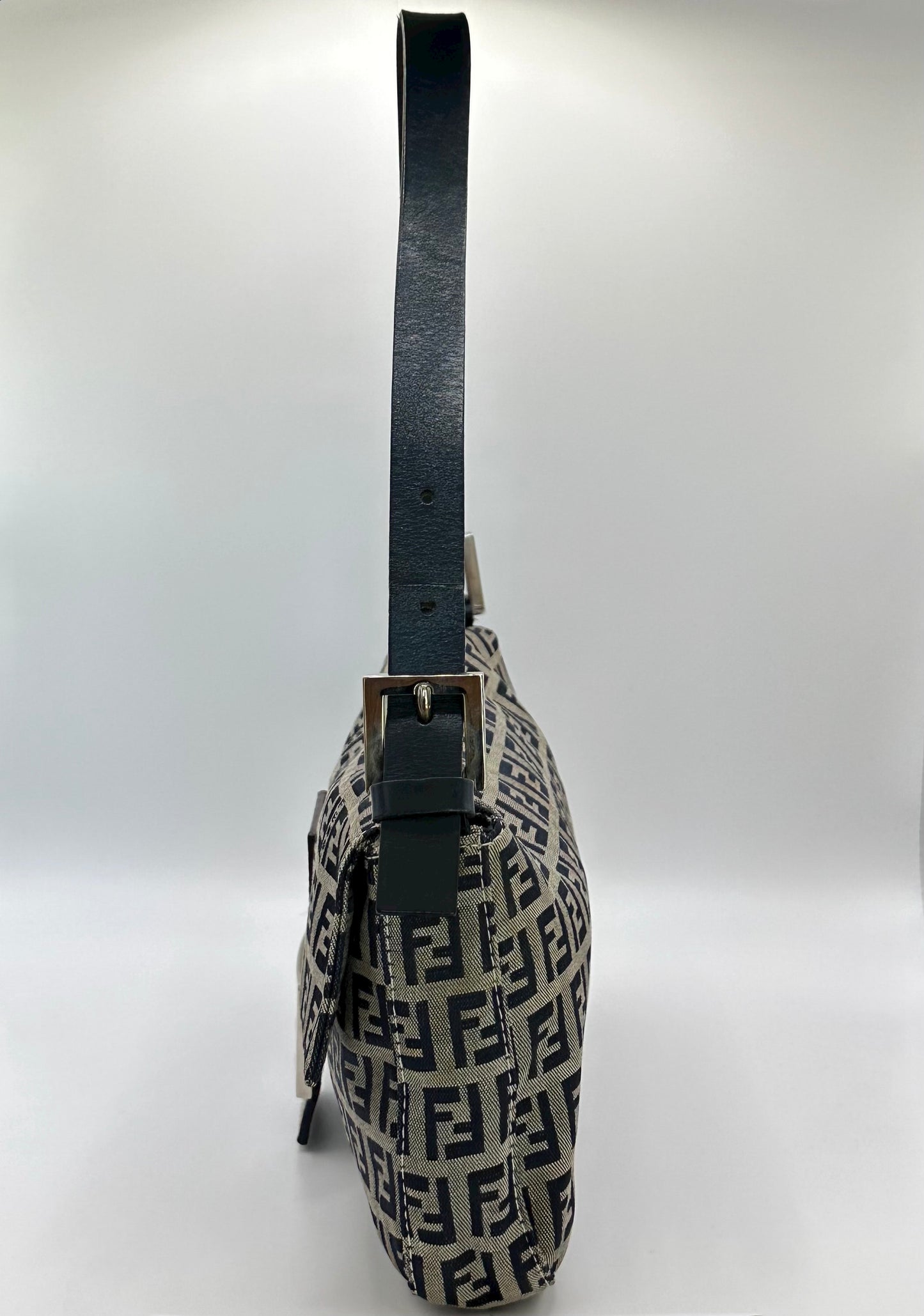 Vintage fendi baguette in navy colour with silver hardware side photo