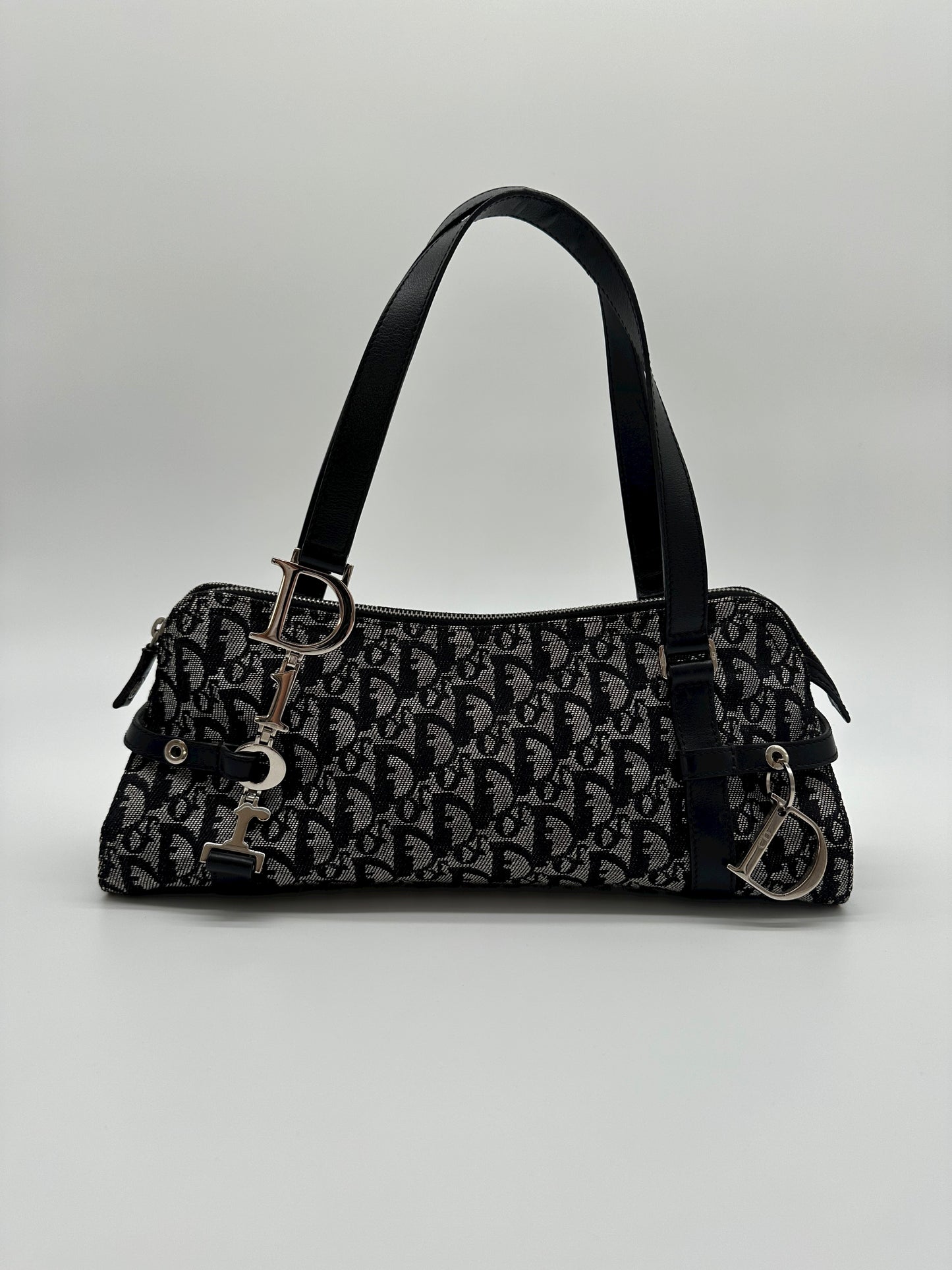 Vintage Dior Navy Trotter Logo Charm Boston Shoulder Bag