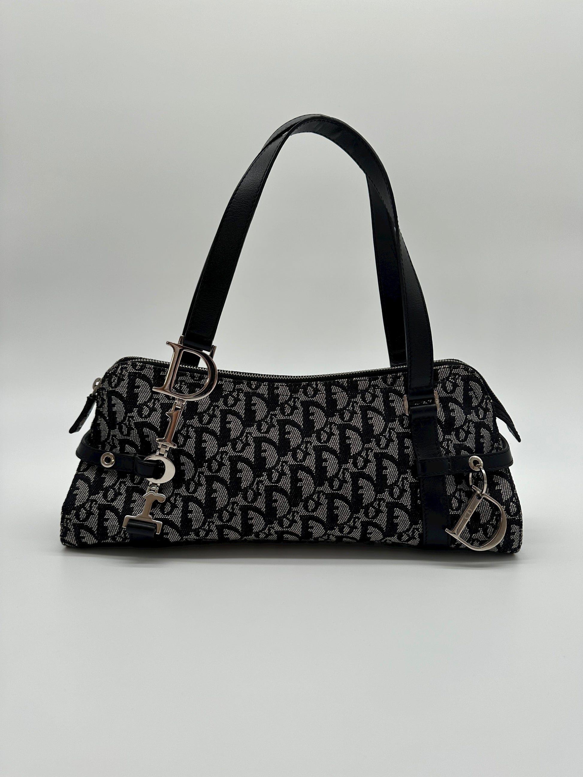 Vintage Dior Navy Trotter Logo Charm Boston Shoulder Bag