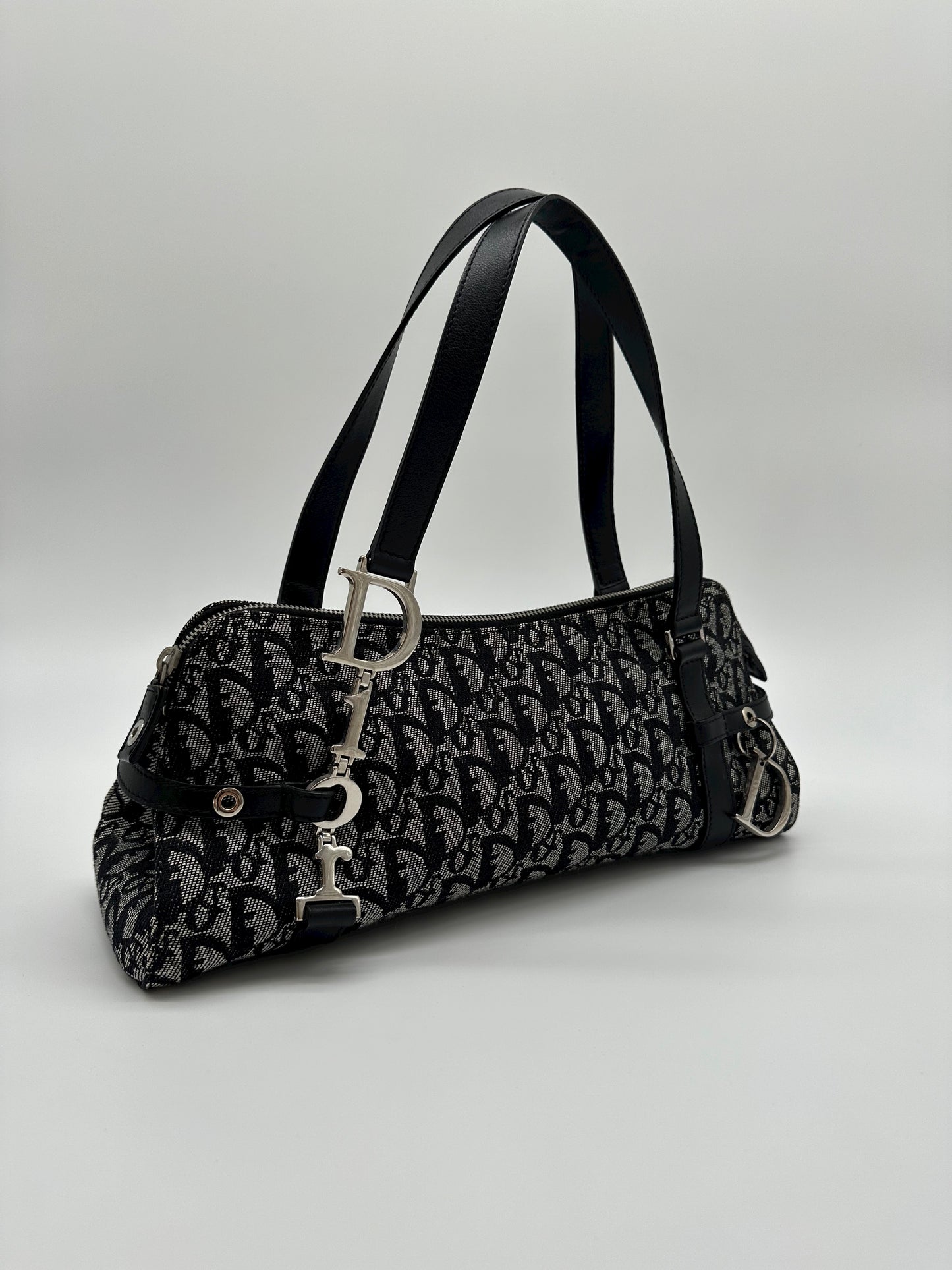 Vintage Dior Navy Trotter Logo Charm Boston Shoulder Bag