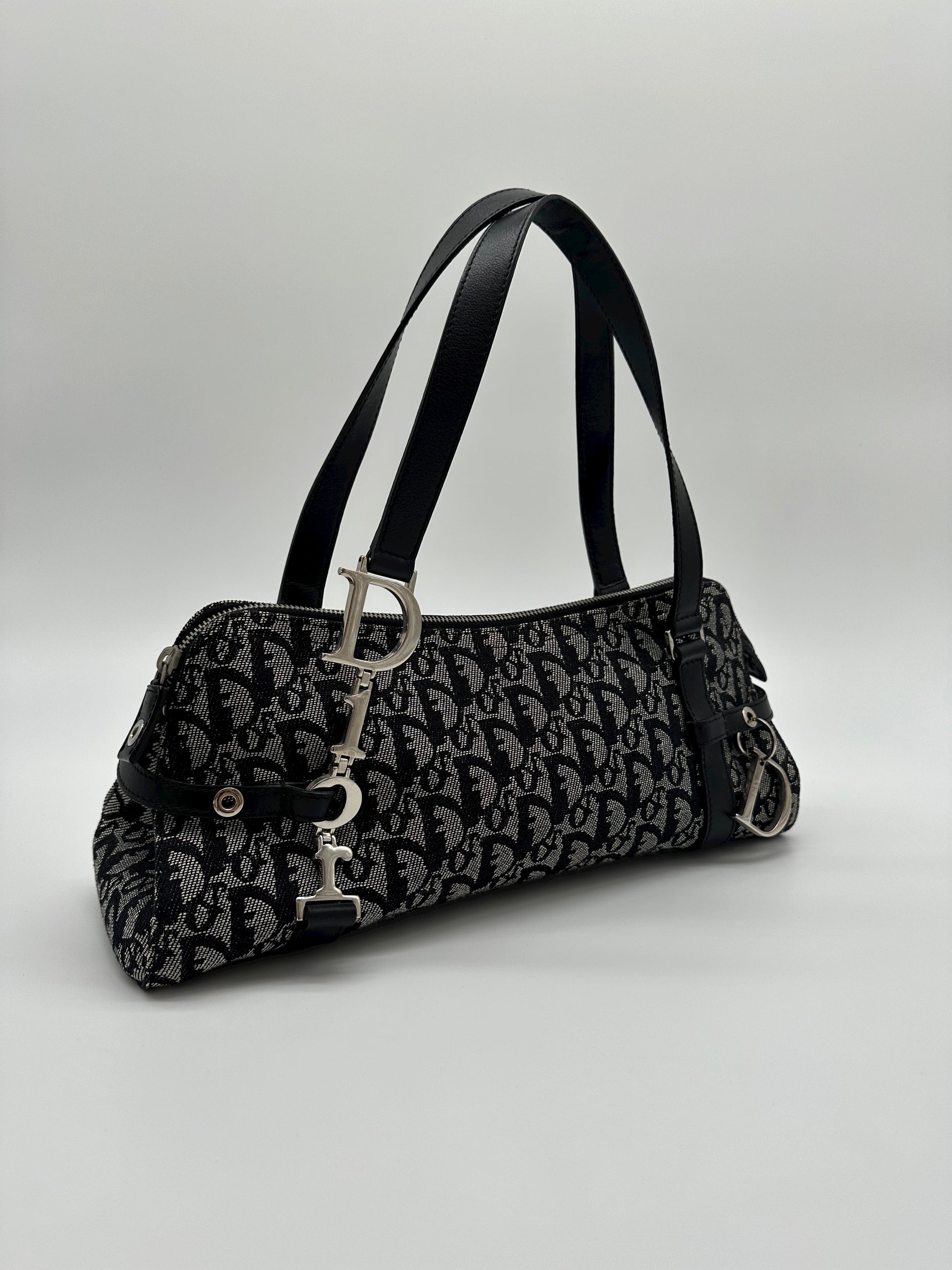 Vintage Dior Navy Trotter Logo Charm Boston Shoulder Bag