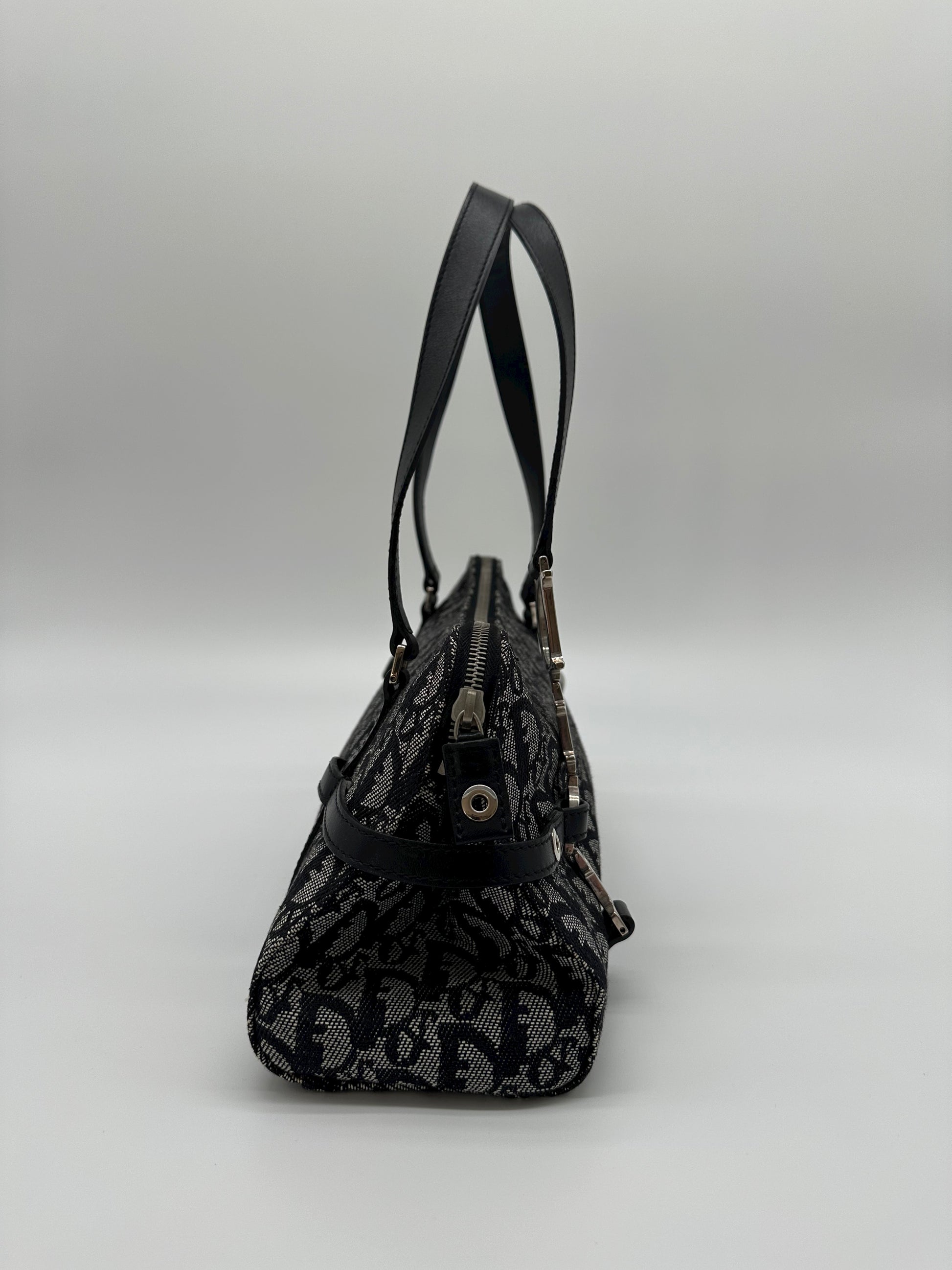 Vintage Dior Navy Trotter Logo Charm Boston Shoulder Bag