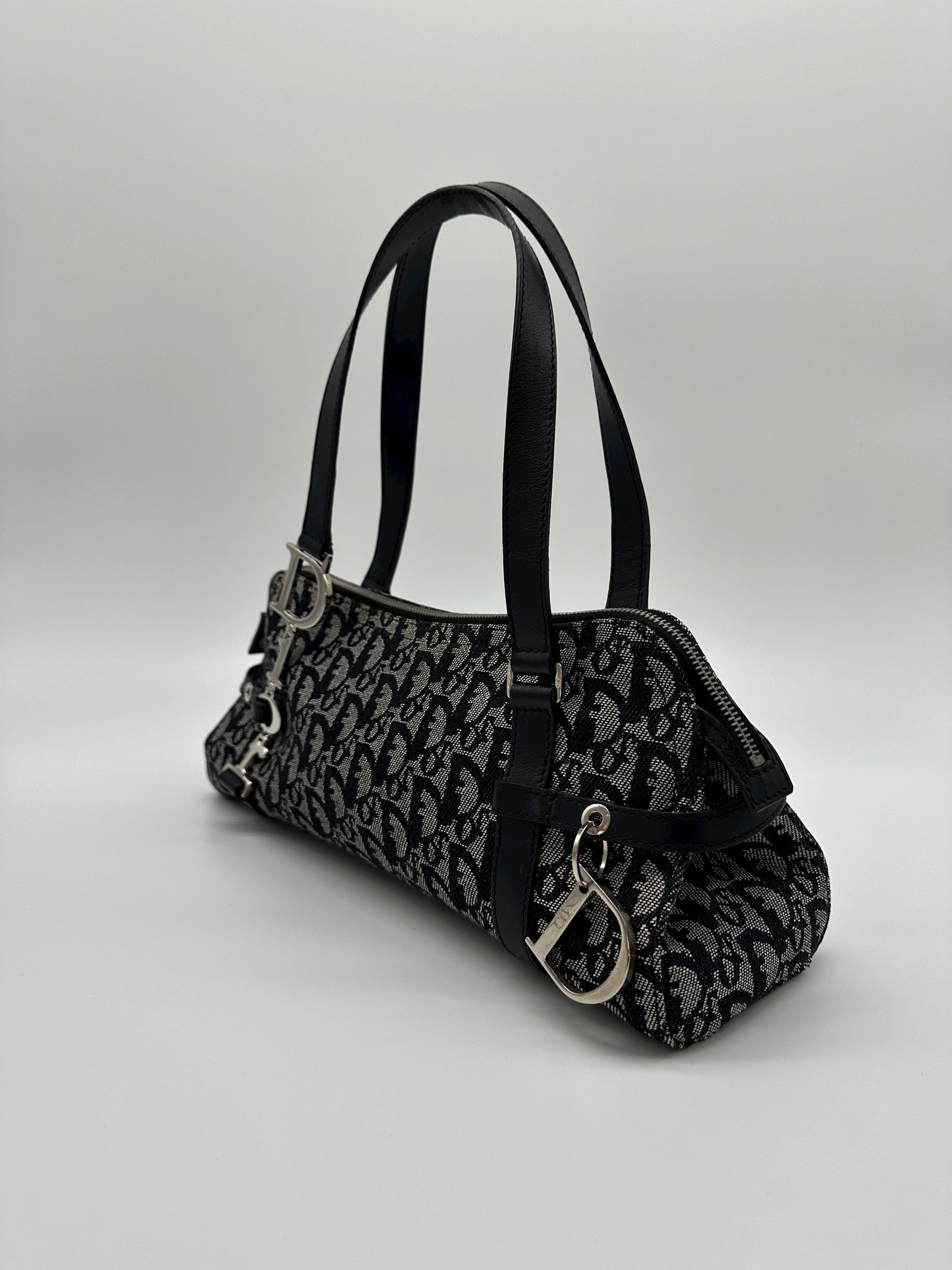 Vintage Dior Navy Trotter Logo Charm Boston Shoulder Bag