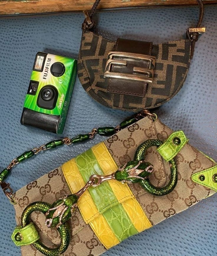 Gucci Horsebit clutch with Fendi Mini Croissant and disposable camera