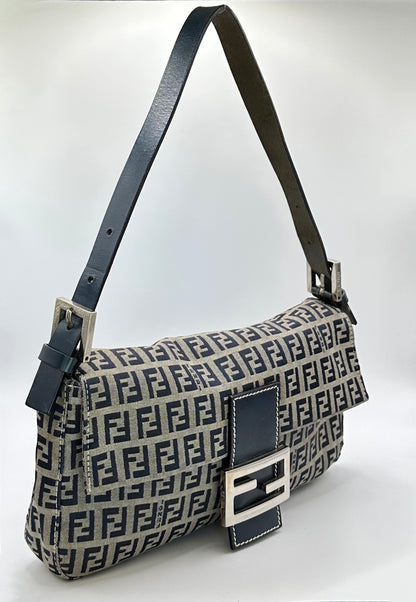 Vintage fendi baguette in navy colour with silver hardware side photo