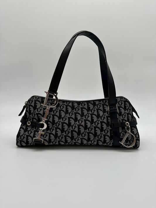 Vintage Dior Navy Trotter Logo Charm Boston Shoulder Bag