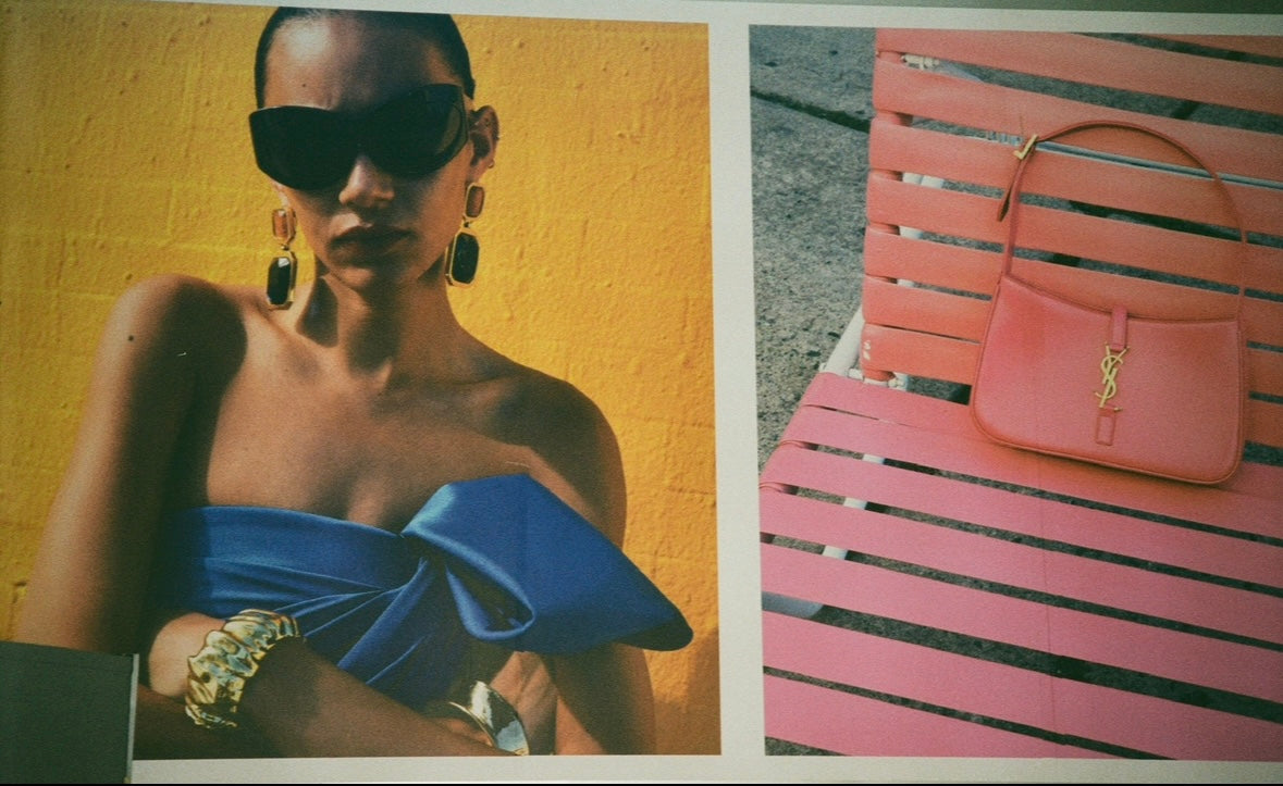 ysl campaign, film photography, 35mm photography, woman, gold jewellery, black sunglasses, pink ysl bag