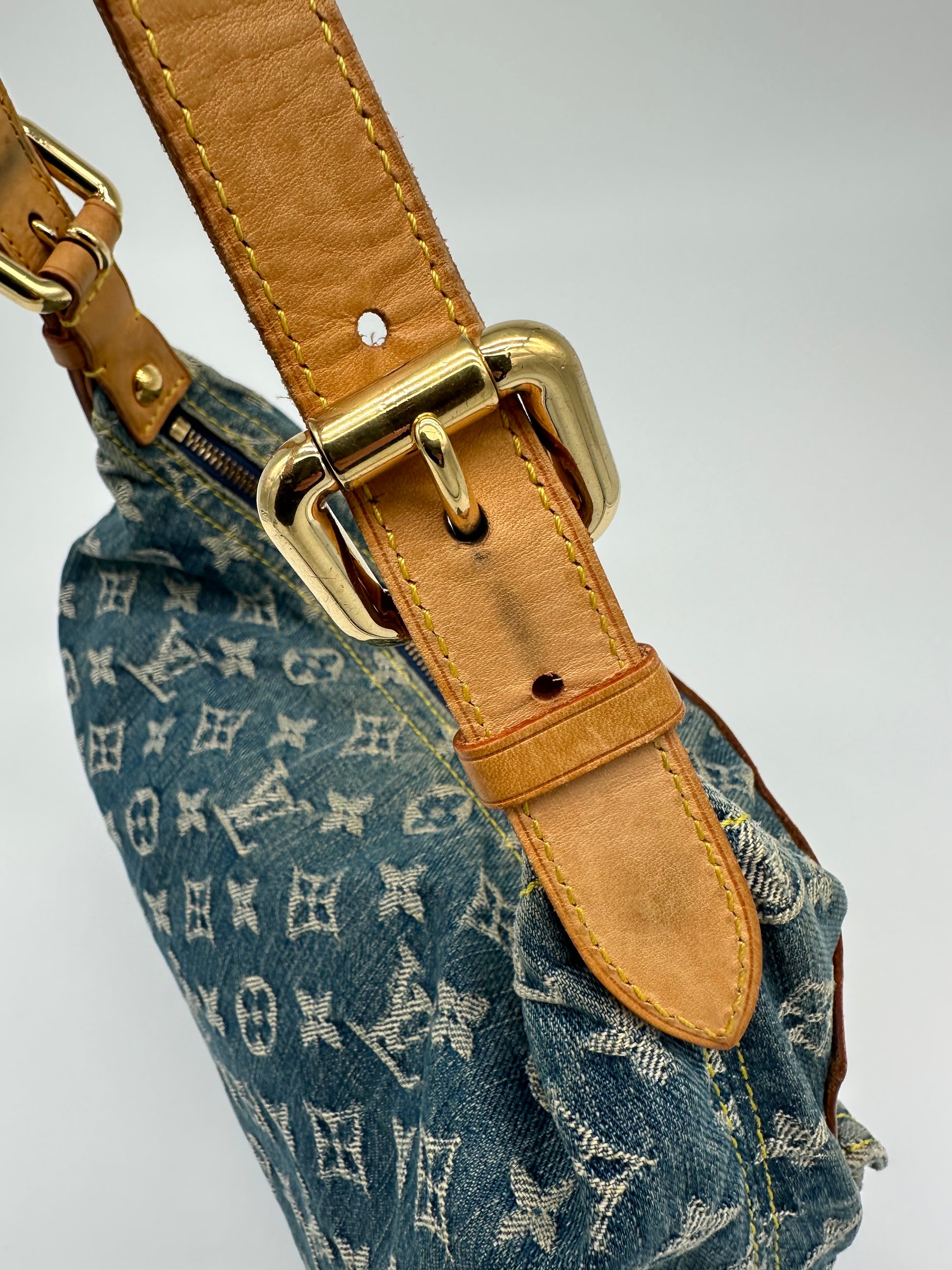 Louis vuitton denim top bag with red strap